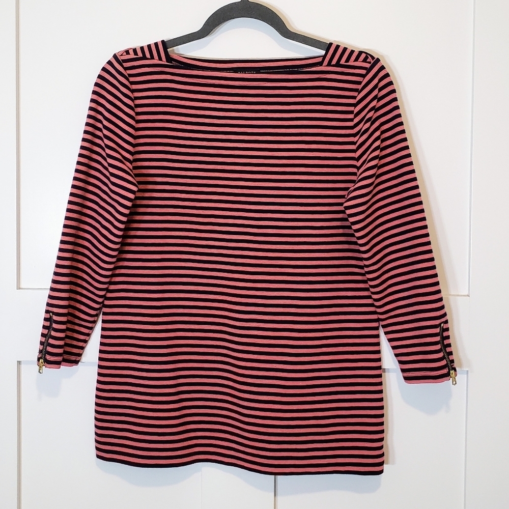 Talbots Striped Top Navy Blue & Coral 3/4 Sleeves With Gold Zipper Size …